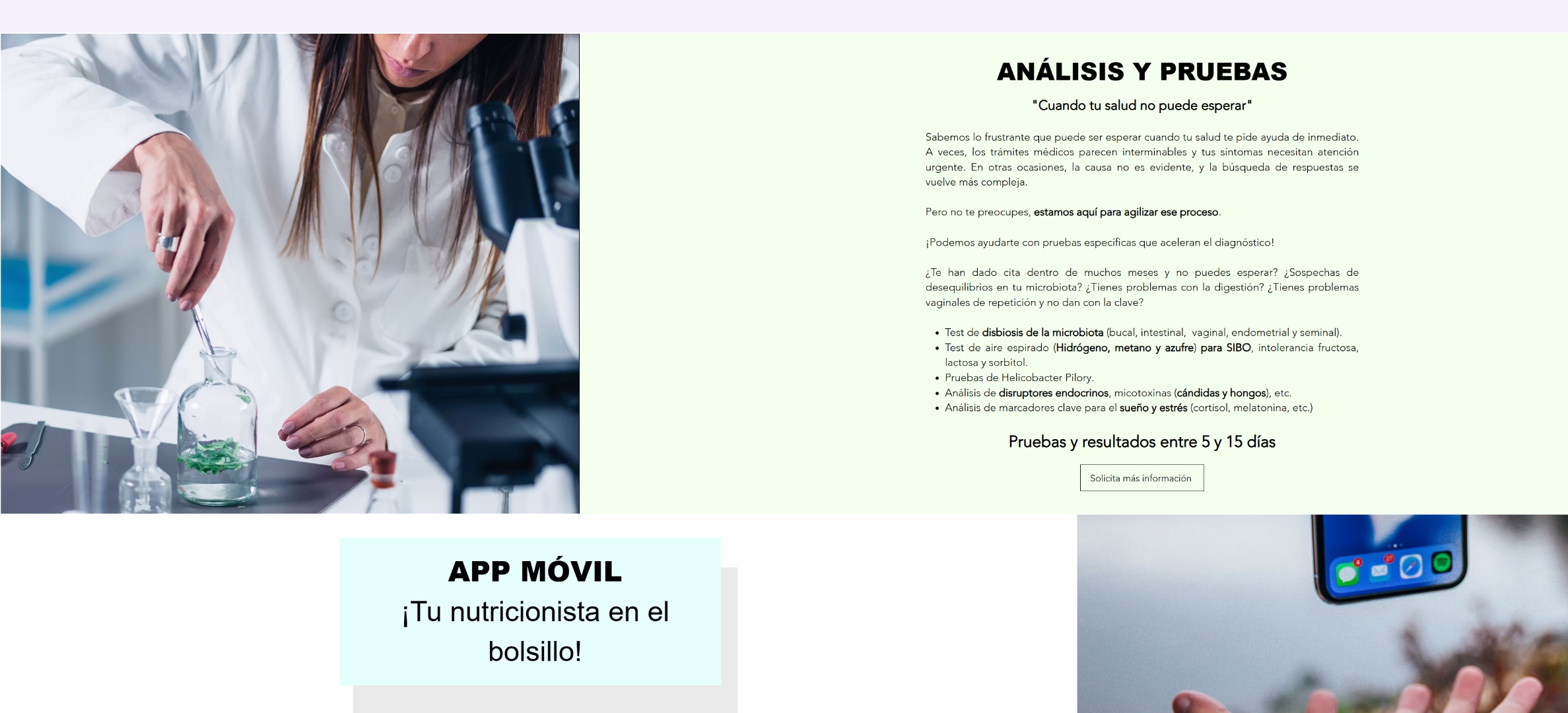 Sección antigua de análisis, pruebas y app móvil